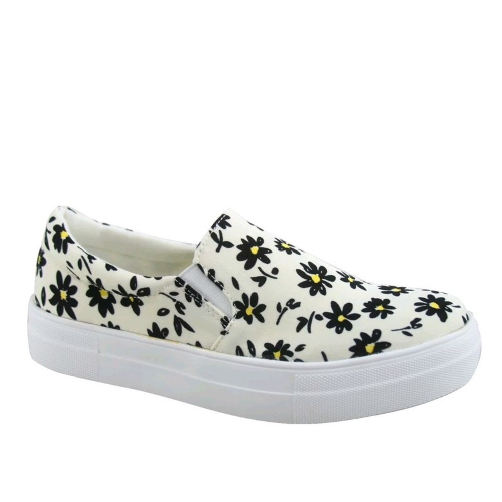 Women Slip on Platform Sneakers Daisy Beige Floral Foam Cushioned Flats Size 10